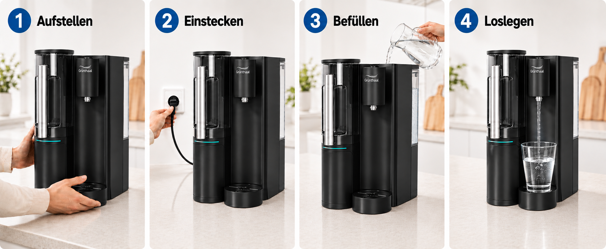 In 4 Schritten startklar: Aufstellen, Einstecken, Befüllen, Loslegen