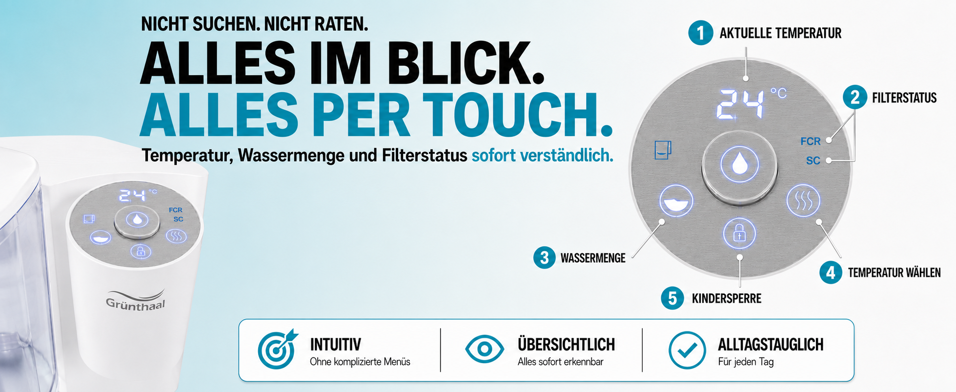 Alles im Blick. Alles per Touch. – Temperatur, Wassermenge und Filterstatus sofort verständlich